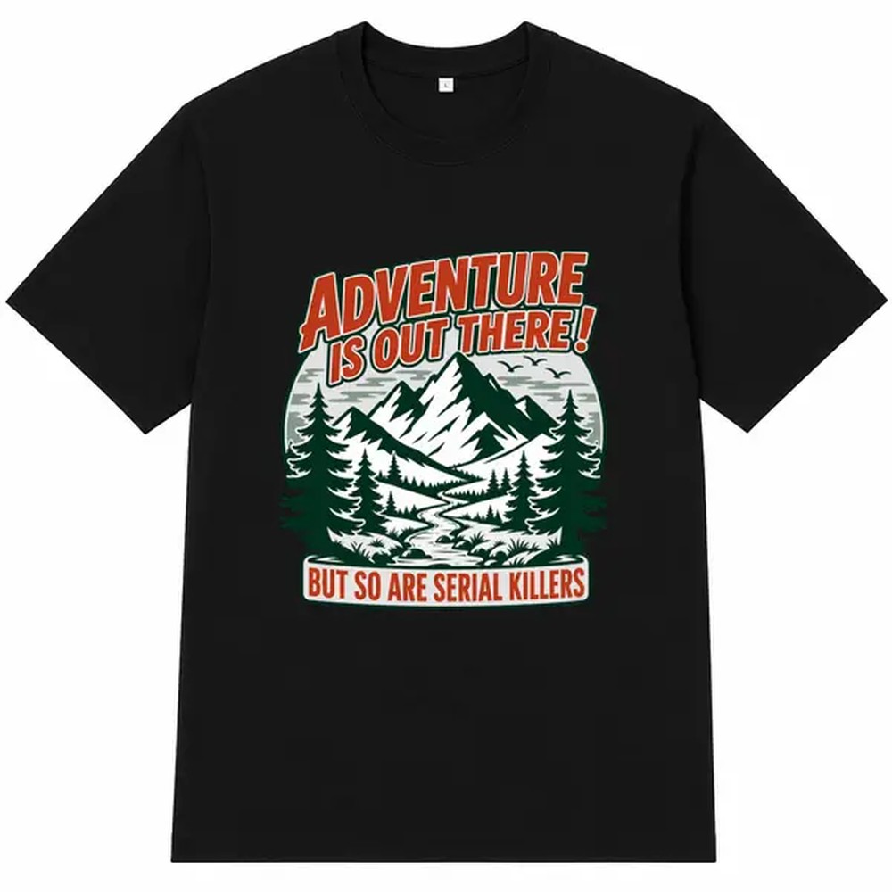 Graphic Tee Oversized - Czarna koszulka z nadrukiem przygodnickim, unisex,