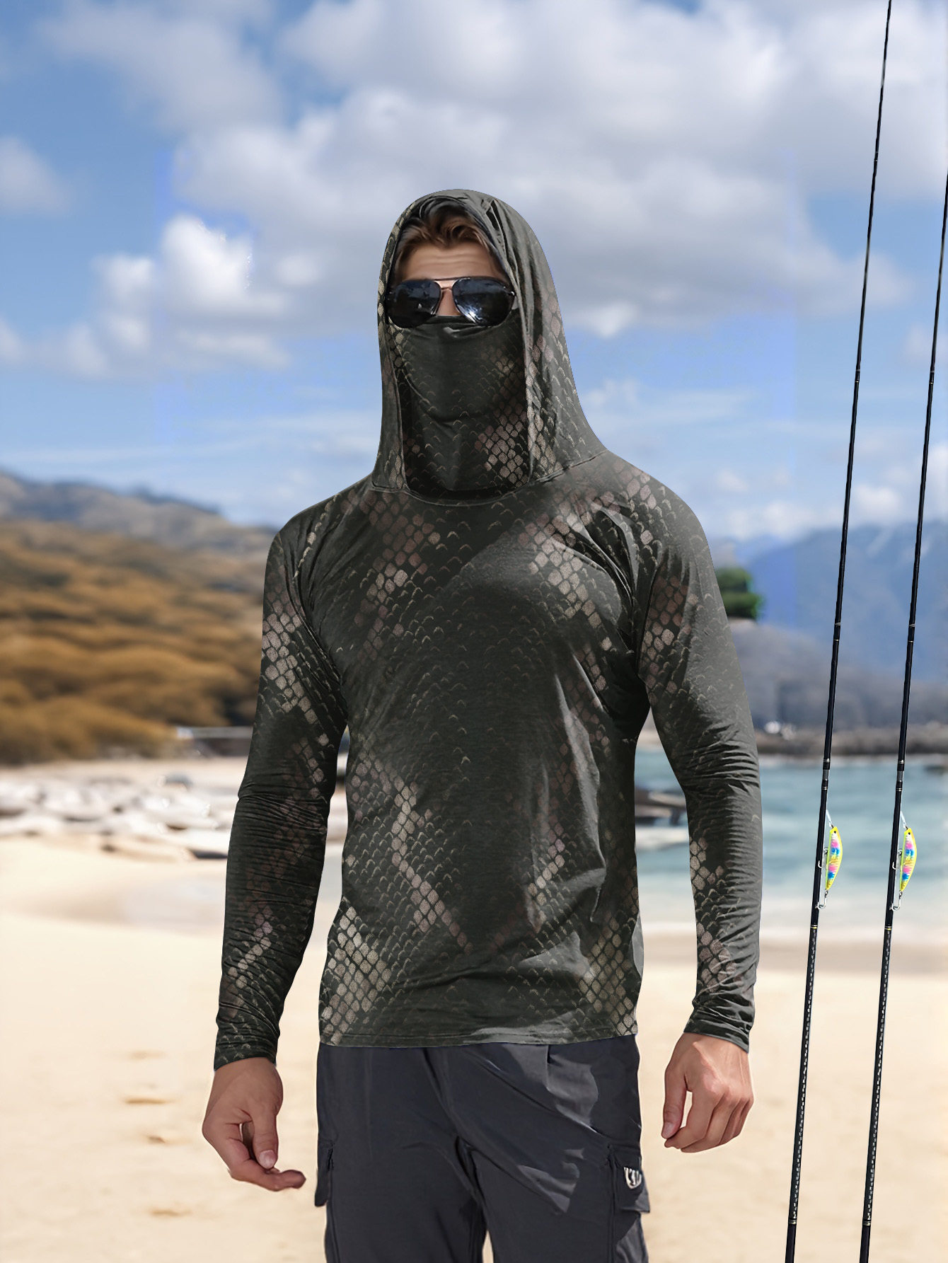 Mens Fashion Summer - Męska koszulka wędkarska z kapturem, długim