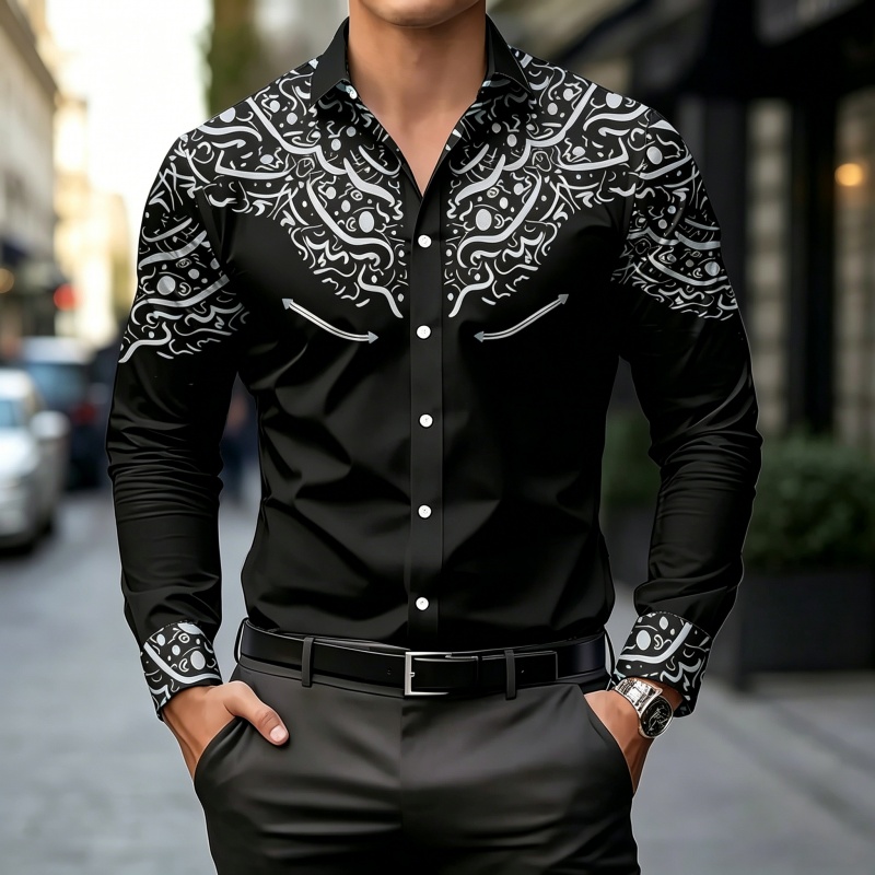 Mens Fashion Summer - Koszula z kontrastowym nadrukiem w czerni