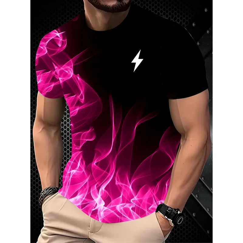 Men'S Fashion Pink Shirt - Męska koszulka z nadrukiem błyskawicy, różowo-czarny